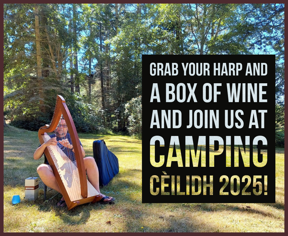 a man playing a harp next to a box of wine on a grassy slope